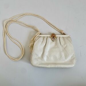 Judith Leiber White leather lizard  skin Rare Vintage Heart crystal rope clutch